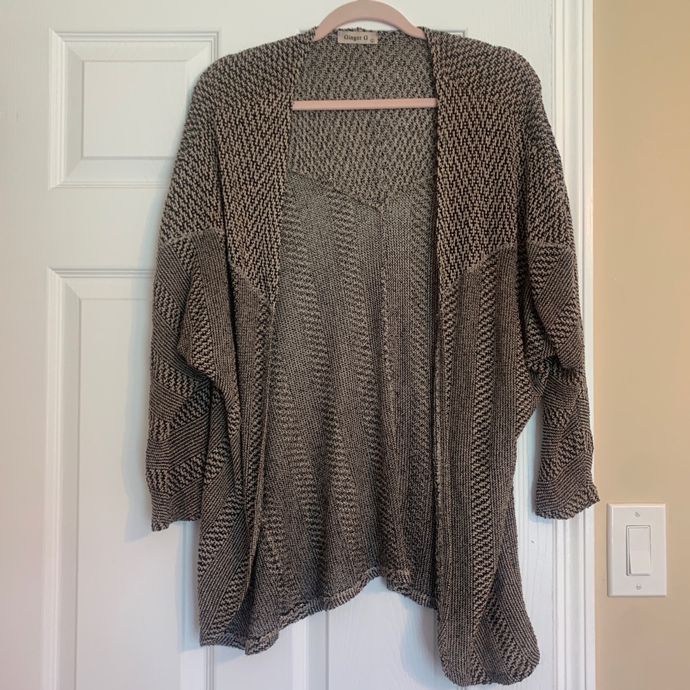 Tank and Black Pattered Knit Open Front Cardigan